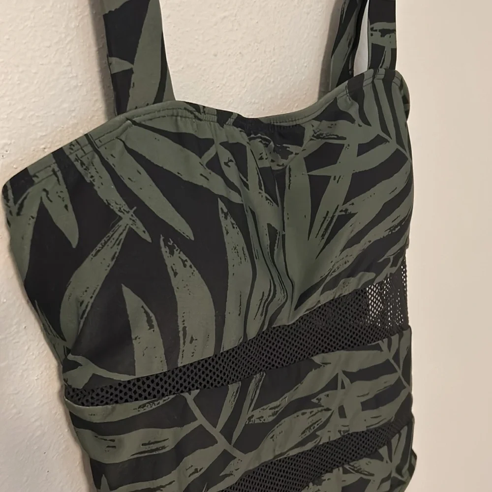 NWT Carmen Marc Valvo one piece swimsuit. Black w/green palms, mesh, size 12.